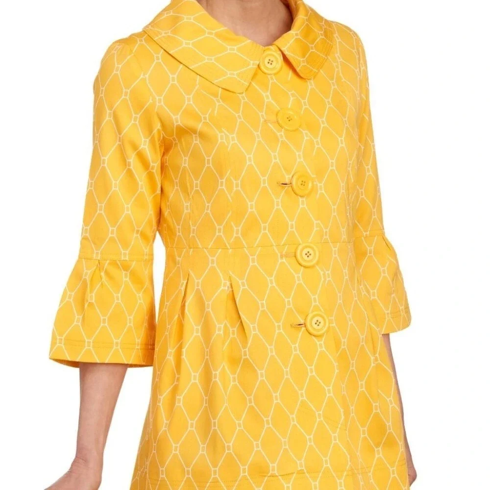 EDEN COURT Yellow White Geometric Print Coat Jacket Bell Sleeves‎ Pockets Large
